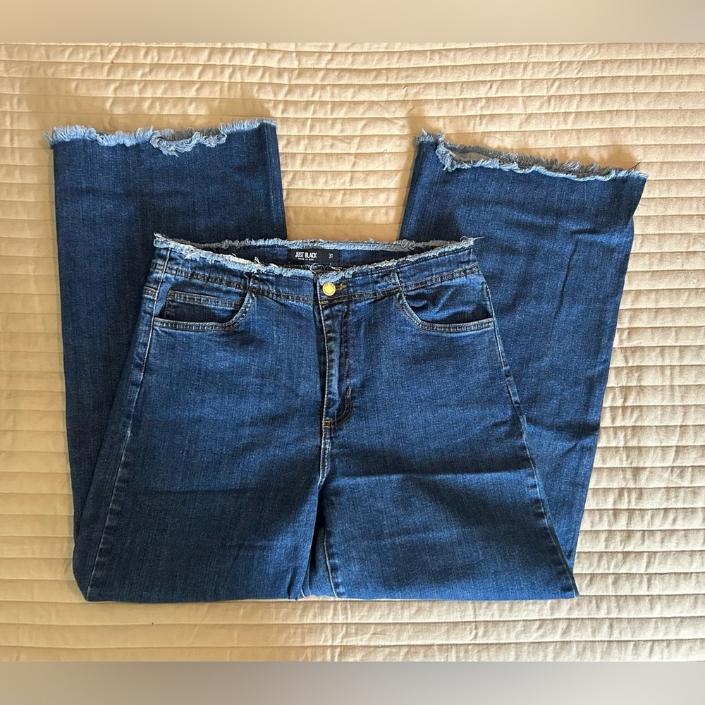Just Black Dark Blue Frayed Hem Wide Leg Jeans